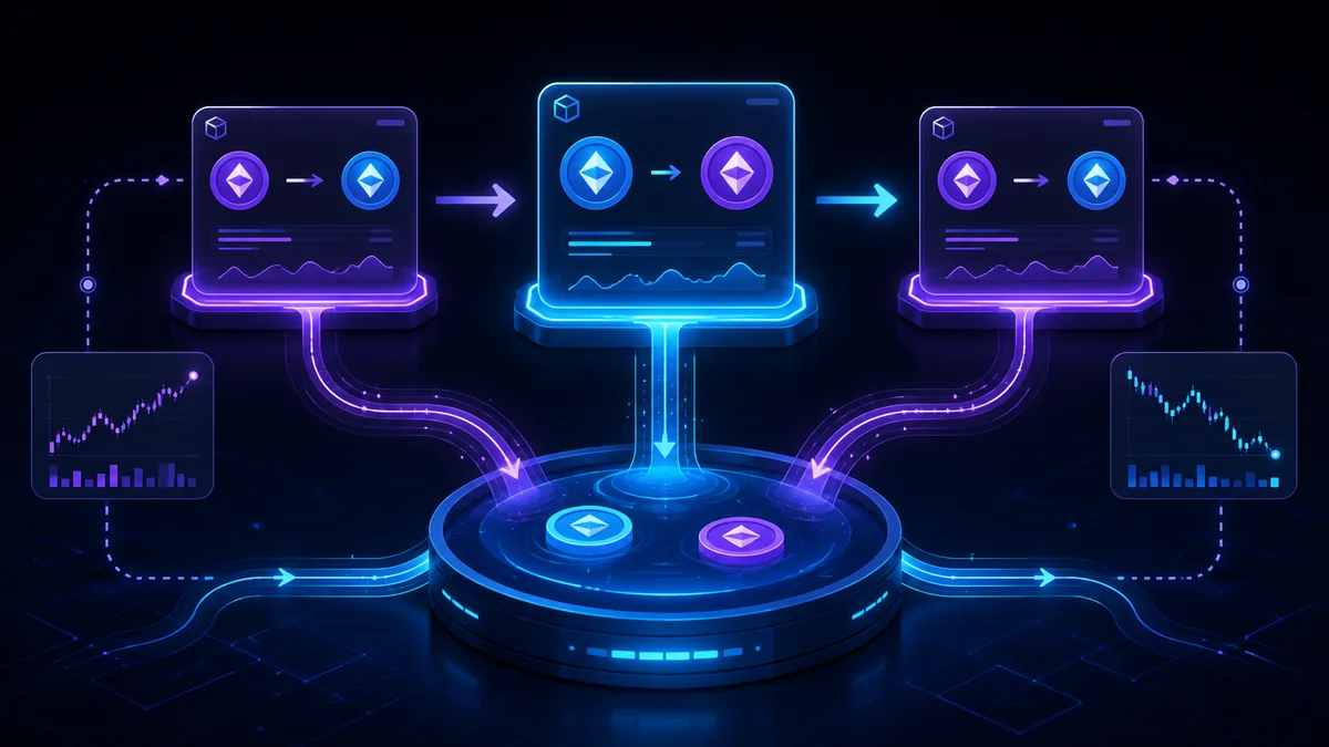 Decentralized exchange swap surrounded by two automated transactions before and after it, no text, no characters, no logos