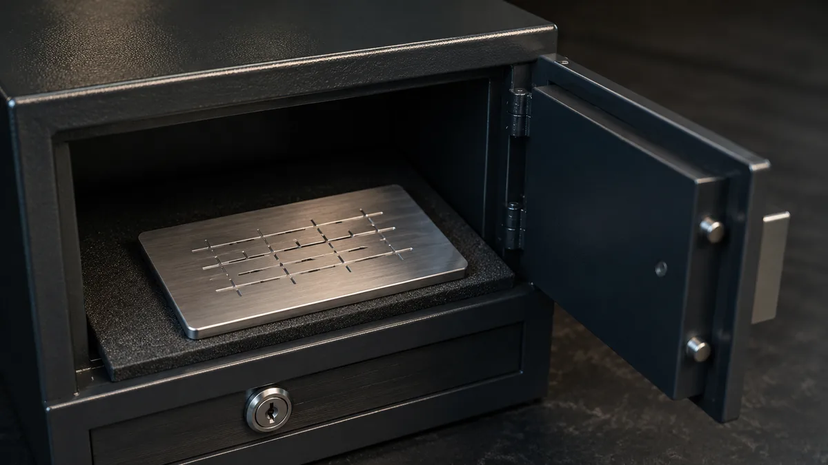 Fire and water resistant metal wallet backup stored inside a secure locked compartment, no text, no characters, no logos