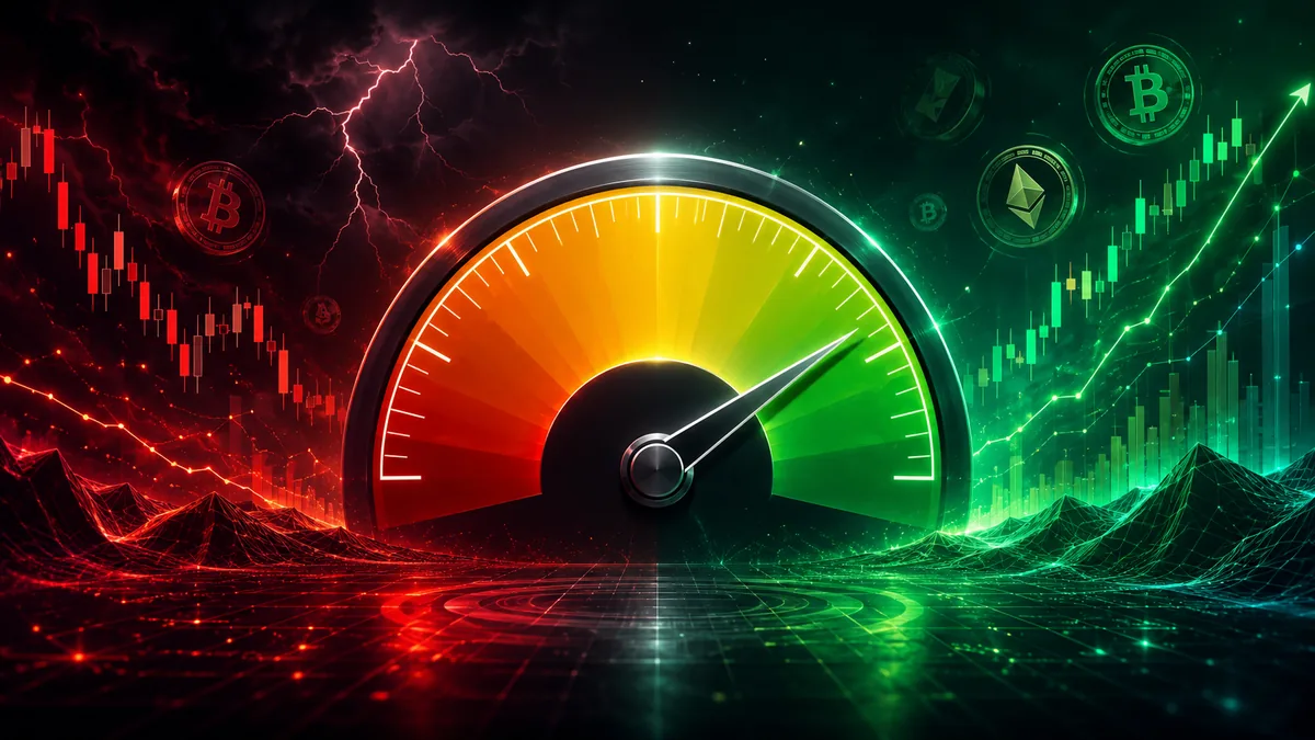 Risk management dashboard combining sentiment gauge price trend volume and position sizing, no text, no characters, no logos