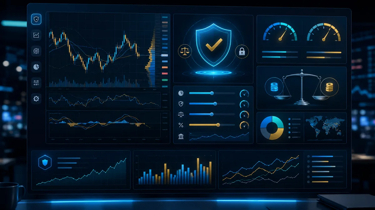 Risk management dashboard with position sizing stop loss and leverage controls, no text, no characters, no logos