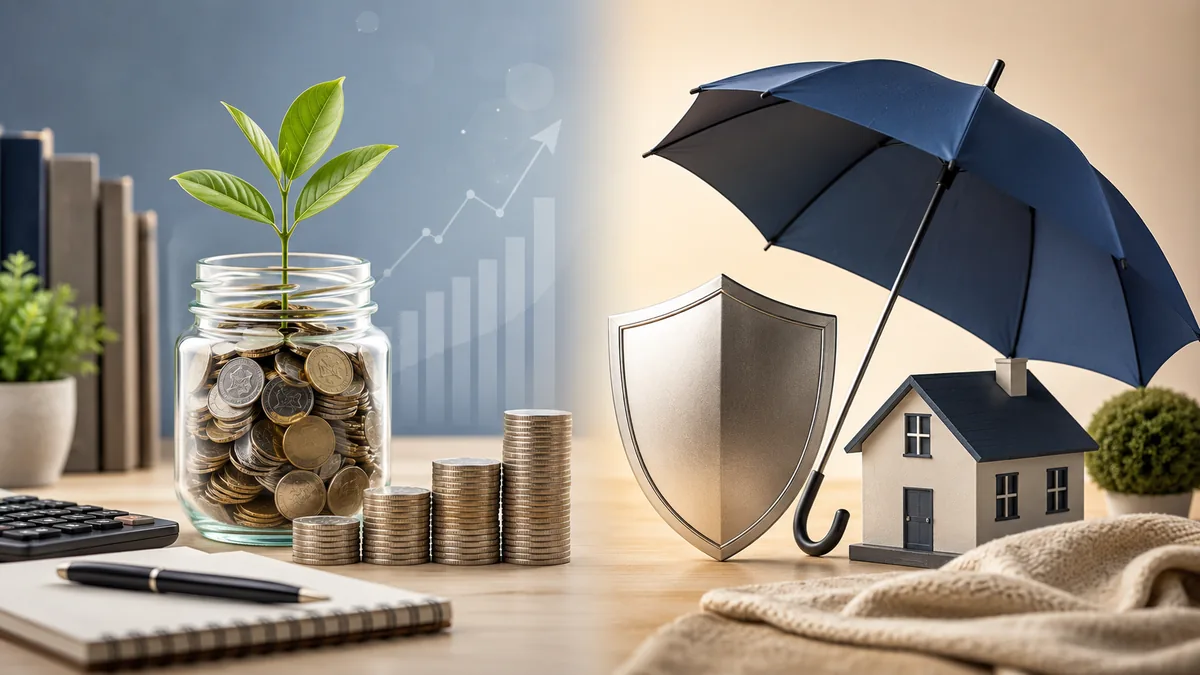 Side by side life insurance comparison concept with savings goal jar and family protection shield, no text, no people, no logos
