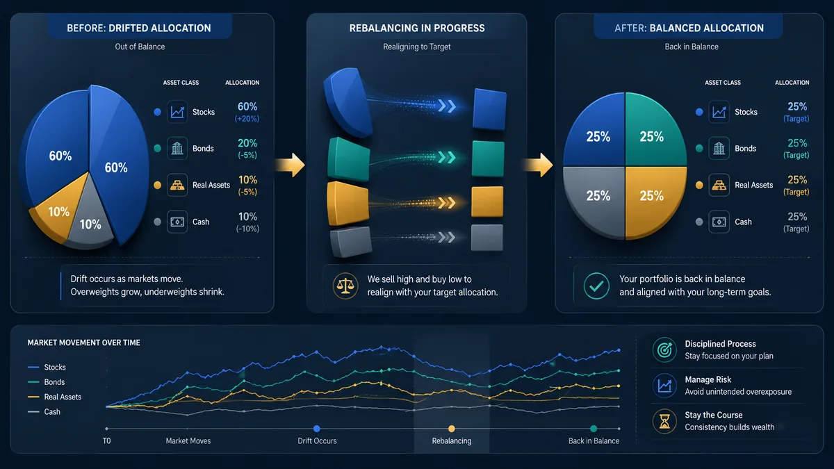Portfolio allocation drifting away from target and returning to balance, no text, no characters, no logos