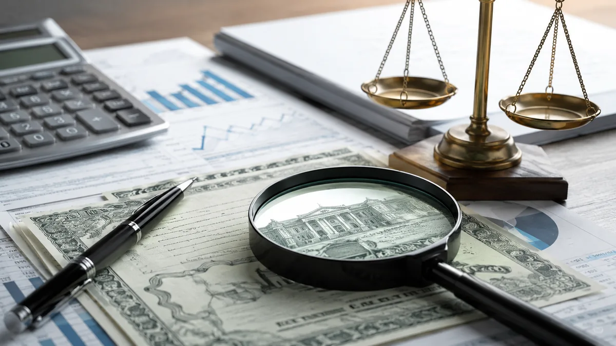 Generic bond risk assessment concept with magnifying glass, financial charts and balanced scales, no text, no logos, no characters