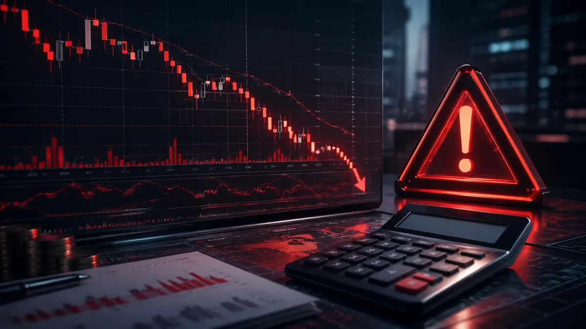 Generic margin trading risk concept with falling chart, warning indicator and calculator, no text, no logos, no characters
