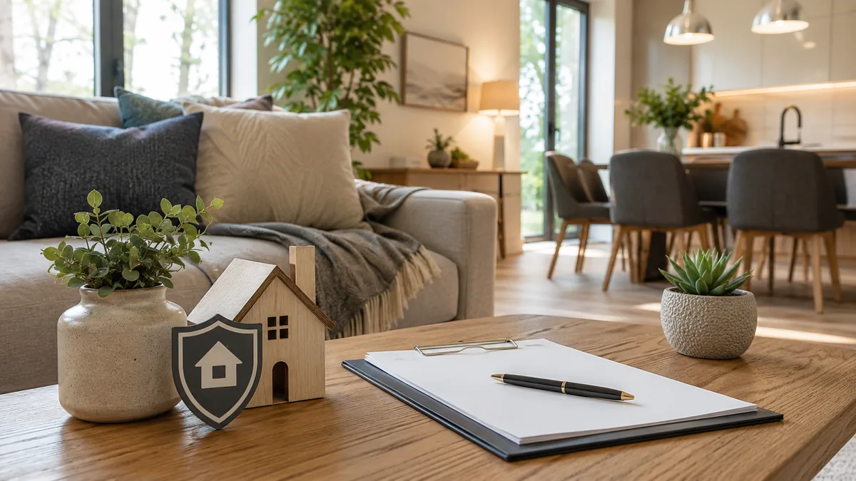 Cozy modern home interior with insurance documents and simple protection symbols, no text, no people, no logos