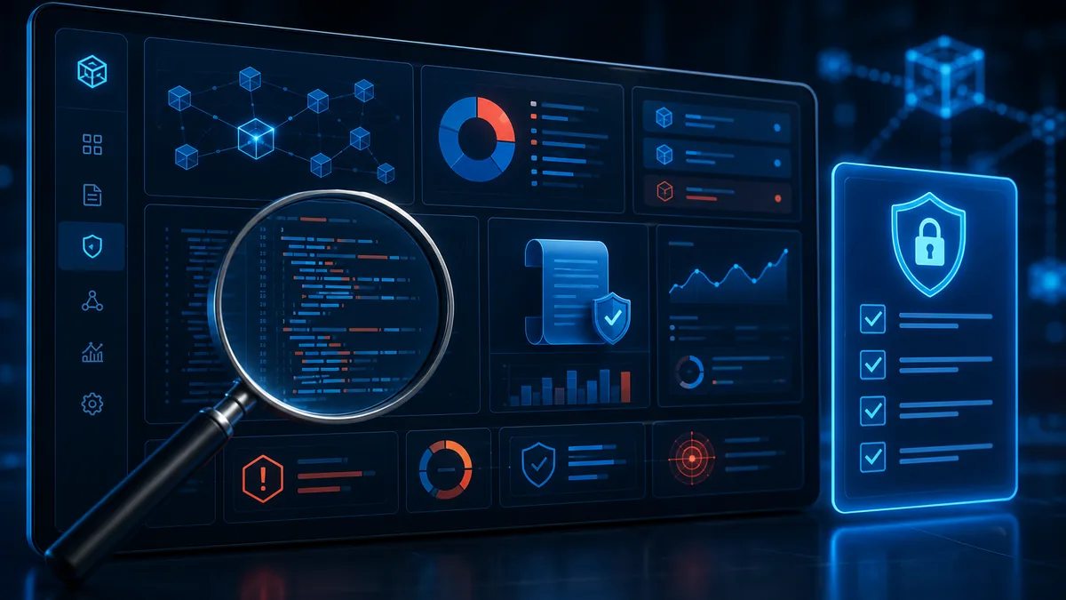 Generic blockchain contract review dashboard with magnifying glass and security checklist, no text, no logos, no characters