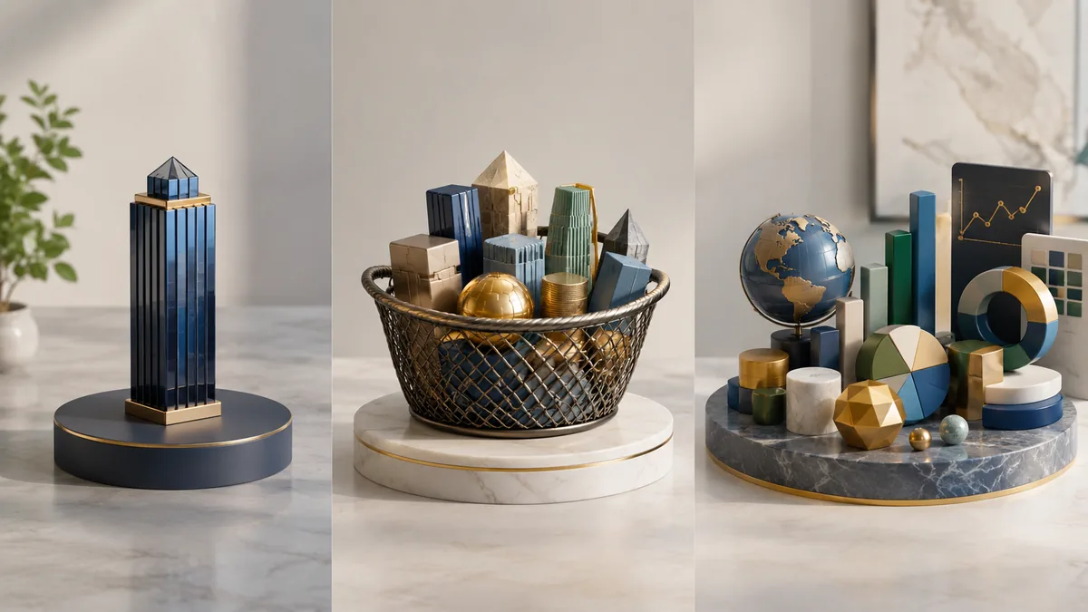 Clean comparison scene of a single stock, mutual fund basket, and diversified ETF portfolio represented by abstract financial objects, no text, no people, no logos