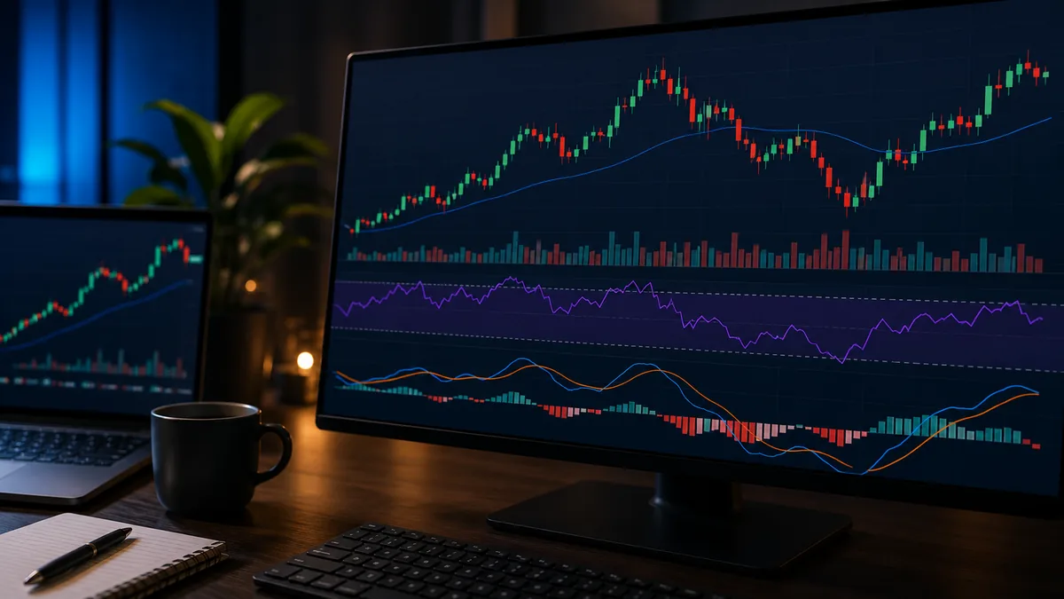 Financial trading chart workspace showing abstract momentum indicators and price movement, no text, no characters, no logos or copyrighted brands