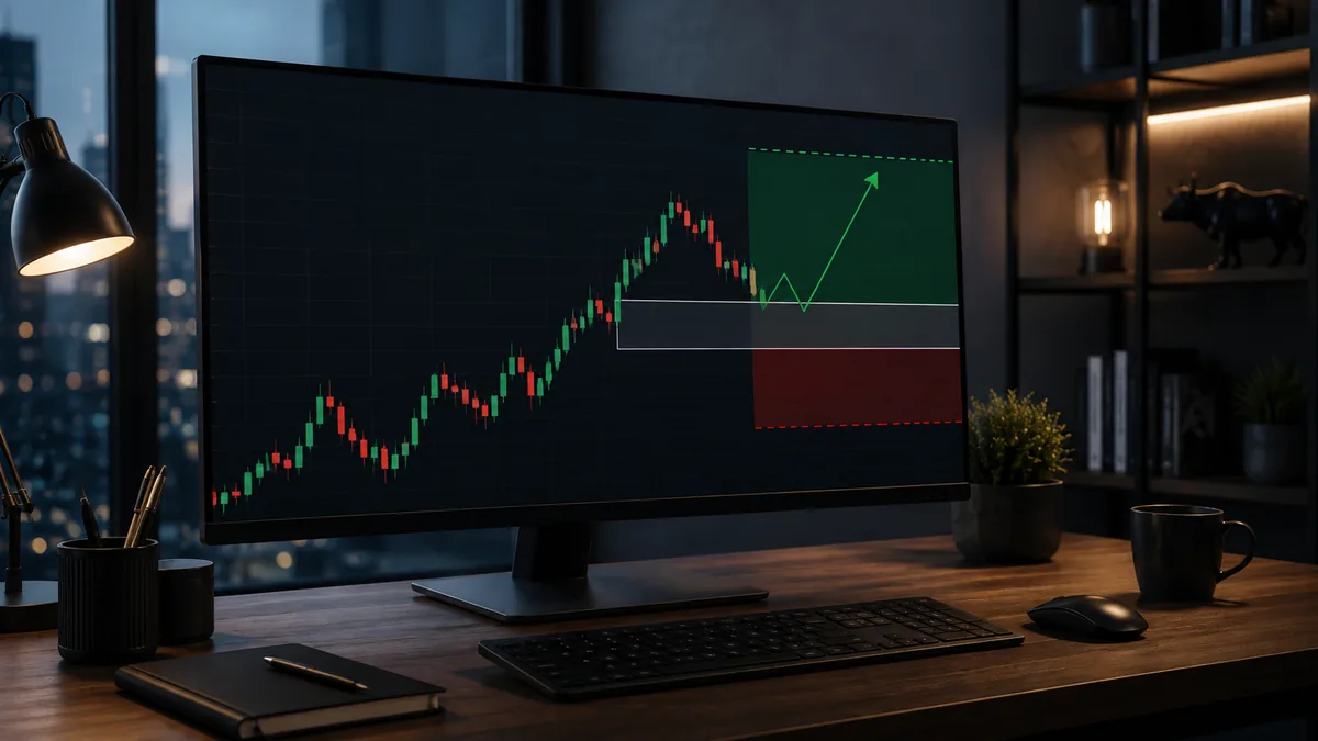 Trading chart workspace showing planned entry stop loss and take profit zones with abstract price movement no text no characters no logos