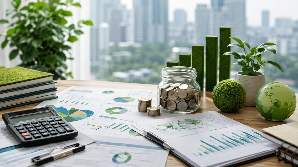 Personal finance desk with tax documents investment charts calculator and sustainable investment concept no text no characters no logos