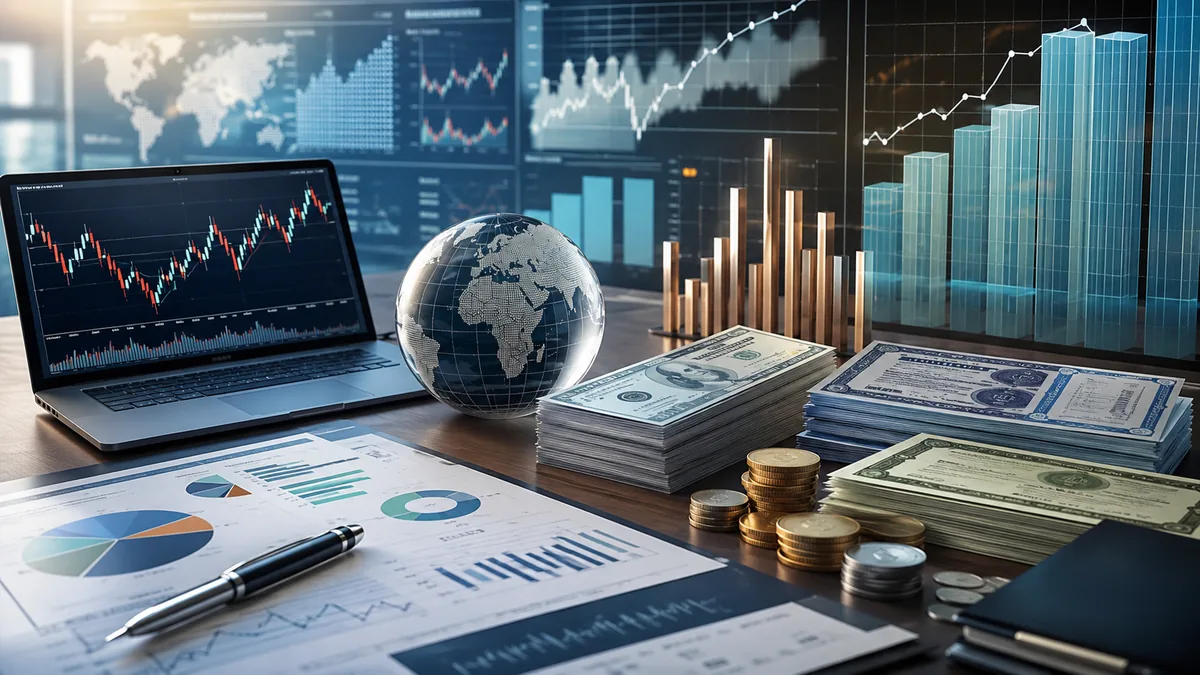 Global financial market workspace with interest rate charts bonds currency and investment portfolio concept no text no characters no logos