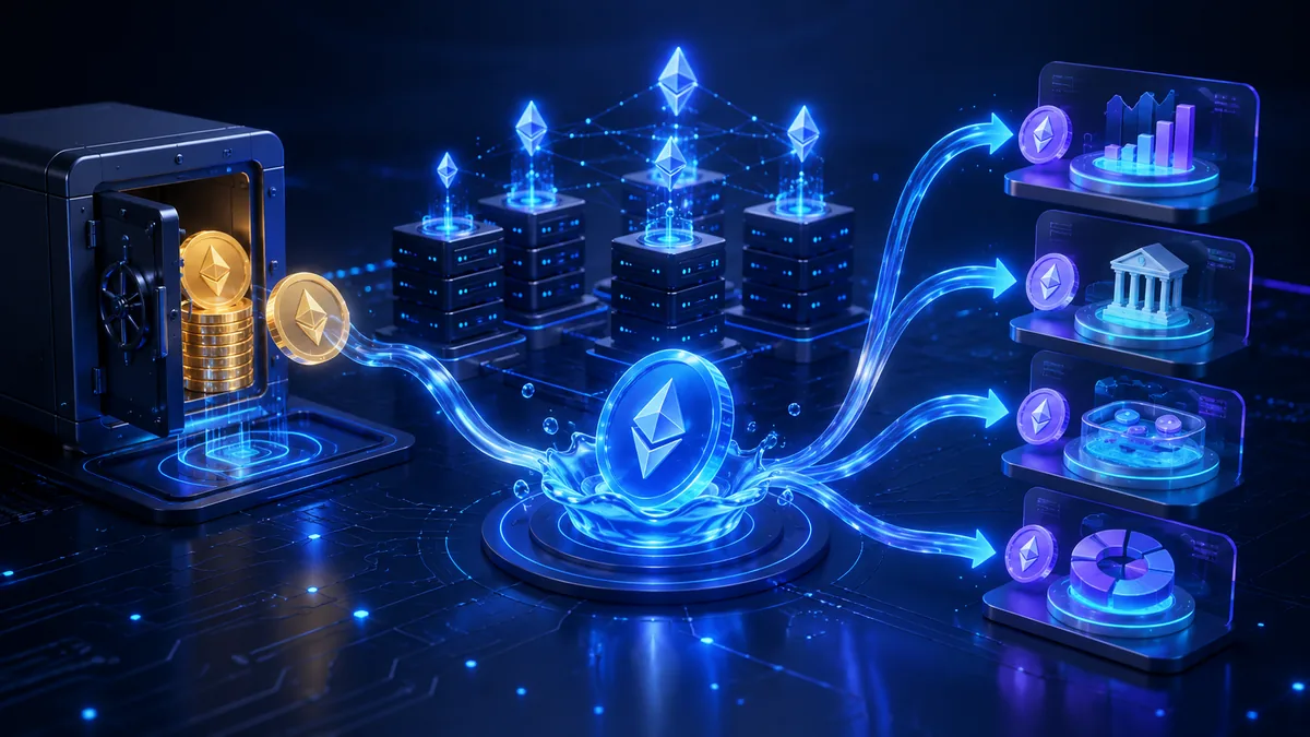Digital blockchain staking concept with liquid token flow between secure nodes and decentralized finance interface, no text, no characters, no logos or copyrighted brands