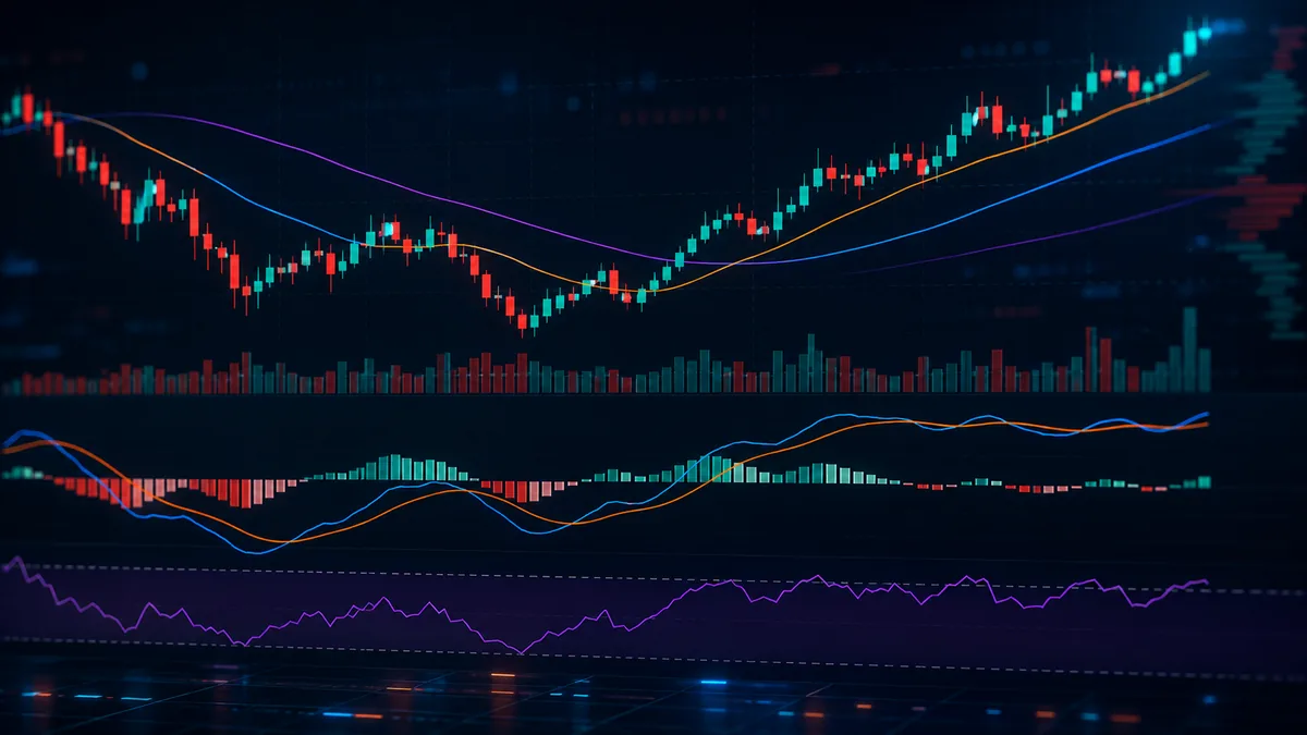 Abstract trading interface showing moving averages crossover and momentum histogram, no text, no characters, no logos or copyrighted brands