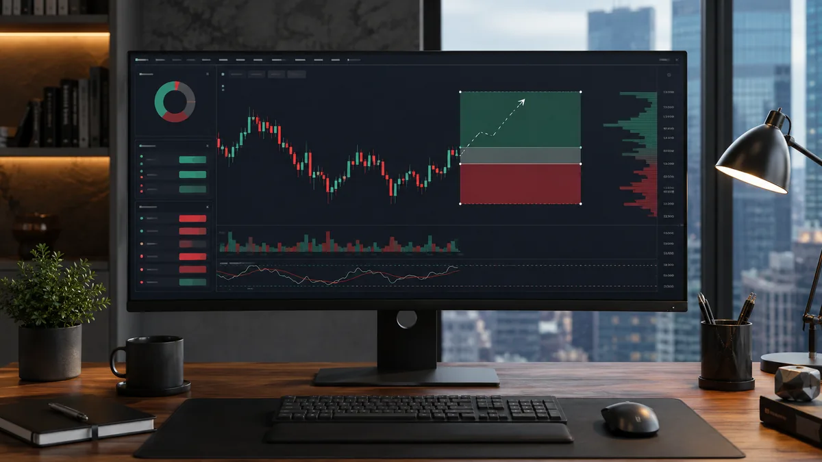 Risk management trading workspace showing abstract position sizing chart and risk reward zones no text no characters no logos
