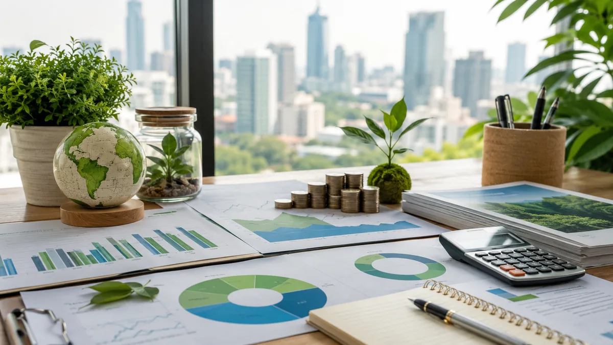 Sustainable investment portfolio workspace with abstract Thai market charts bonds and asset allocation no text no characters no logos
