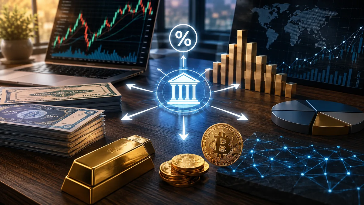 Investment portfolio workspace showing bonds stocks gold cryptocurrency and interest rate transmission concept no text no characters no logos