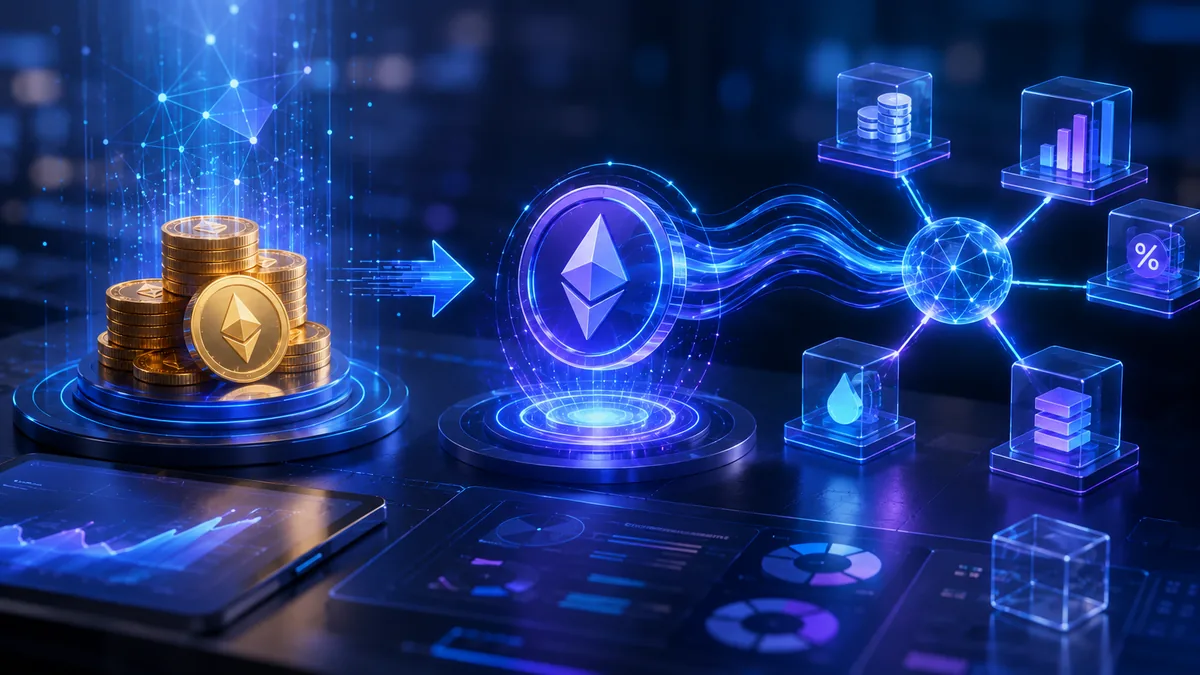 Abstract decentralized finance workspace showing staked cryptocurrency transformed into a liquid digital asset across blockchain networks, no text, no characters, no logos or copyrighted brands