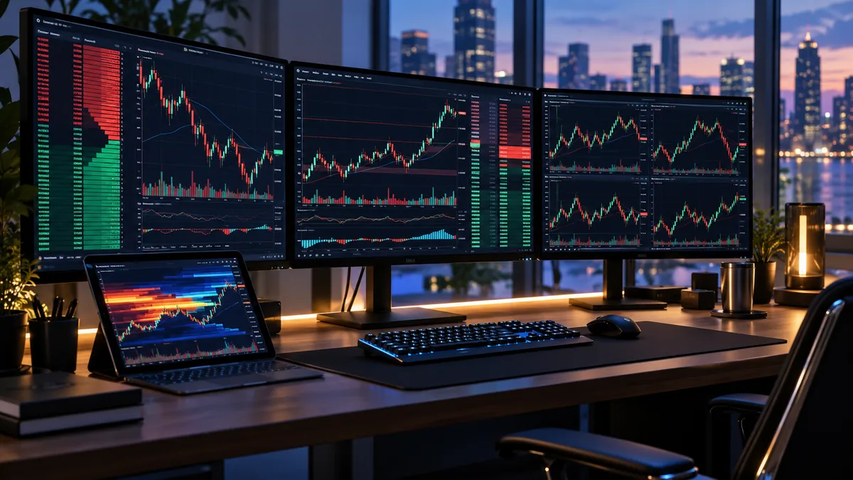 Cryptocurrency trading workspace showing order book depth and rapidly changing market prices on multiple screens, no text, no characters, no logos or copyrighted brands