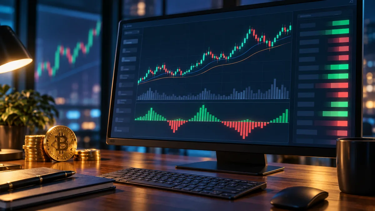 Cryptocurrency perpetual futures market dashboard with abstract price chart and positive negative funding indicators, no text, no characters, no logos or copyrighted brands
