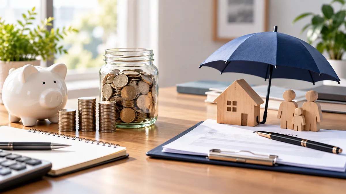 Emergency savings account and insurance documents arranged on a clean financial planning desk, no text, no characters, no logos or copyrighted brands