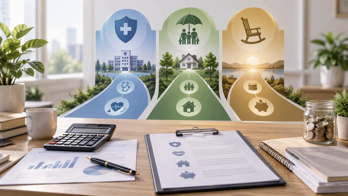 Social security planning concept with three different financial protection paths, documents and calculator on desk, no text, no characters, no logos or copyrighted brands