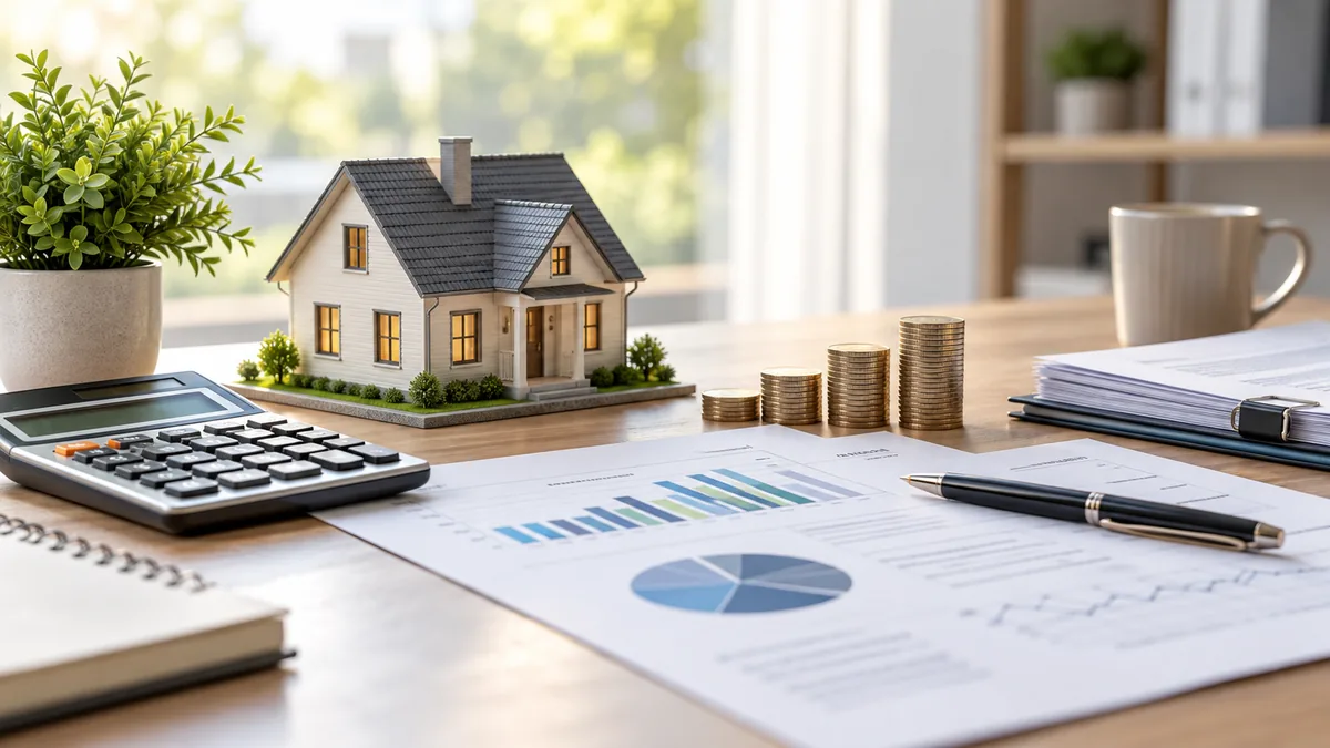 Home mortgage refinancing concept with house model calculator loan documents and coins on clean desk, no text, no characters, no logos or copyrighted brands