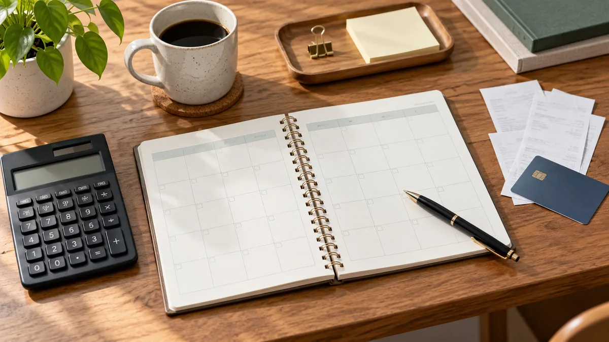 Credit card personal finance planning workspace with calculator monthly budget notebook and receipts on clean desk, no text, no characters, no logos or copyrighted brands