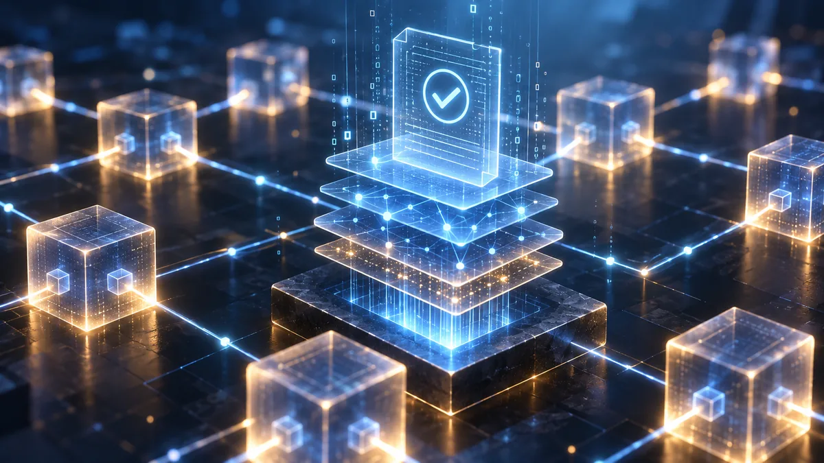 Abstract blockchain network with cryptographic proof layers and connected transaction blocks, no text, no characters, no logos