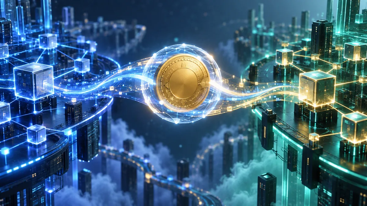 Bitcoin represented as a wrapped digital asset moving between two abstract blockchain networks, no text, no characters, no logos