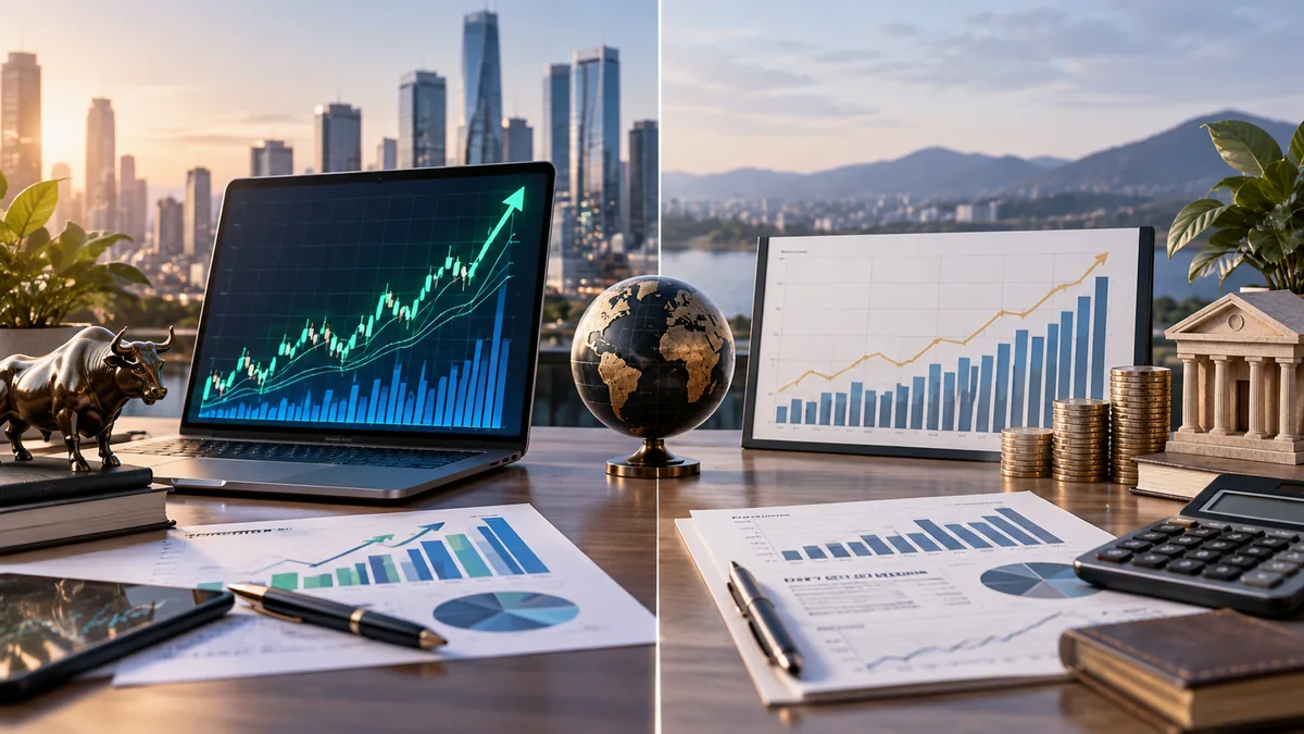 Growth and value investing comparison with abstract stock charts financial documents and calculator on clean desk, no text, no characters, no logos