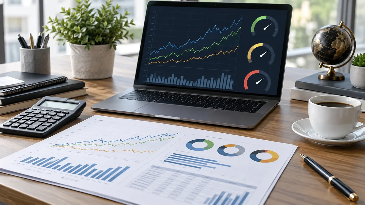 Investment portfolio performance comparison with abstract return charts and risk gauges on a clean financial desk, no text, no characters, no logos
