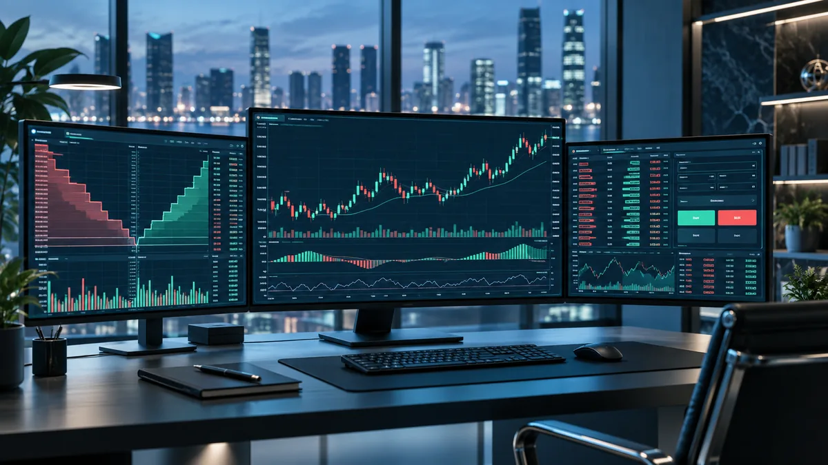 Trading interface concept with market depth charts and buy sell order panels on computer screens, no text, no characters, no logos or copyrighted brands