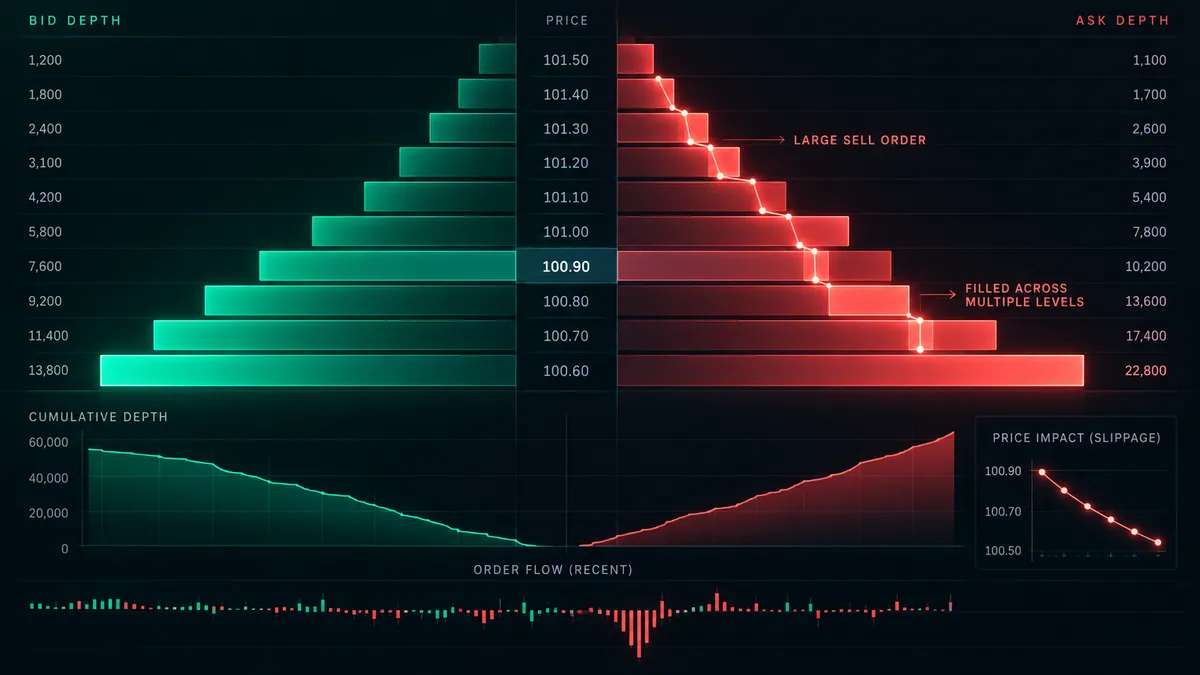 Financial market depth visualization with layered liquidity levels and a large trade moving through multiple price levels, no text, no characters, no logos or copyrighted brands