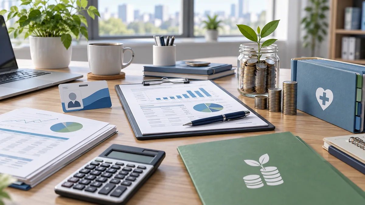 Personal finance desk showing employee card, self contribution documents, healthcare folder and retirement savings concept, no text, no characters, no logos or copyrighted brands
