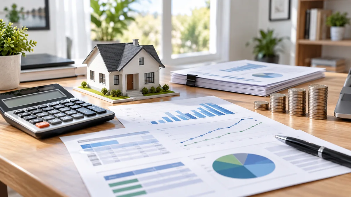 Mortgage cost comparison workspace with calculator house model financial documents and payment charts, no text, no characters, no logos or copyrighted brands