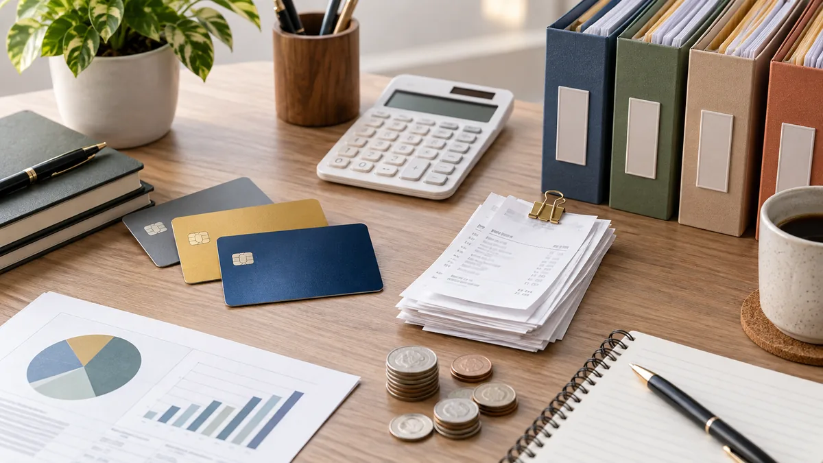 Credit card rewards and monthly expense management concept with receipts calculator coins and organized budget folders, no text, no characters, no logos or copyrighted brands