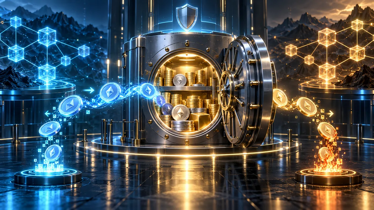 Secure crypto custody vault connected to mint and burn token flows across abstract blockchain networks, no text, no characters, no logos
