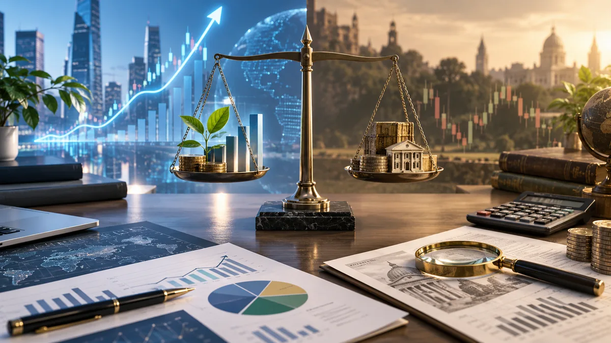 Investment portfolio balancing growth opportunities and undervalued assets with abstract market charts and financial analysis tools, no text, no characters, no logos