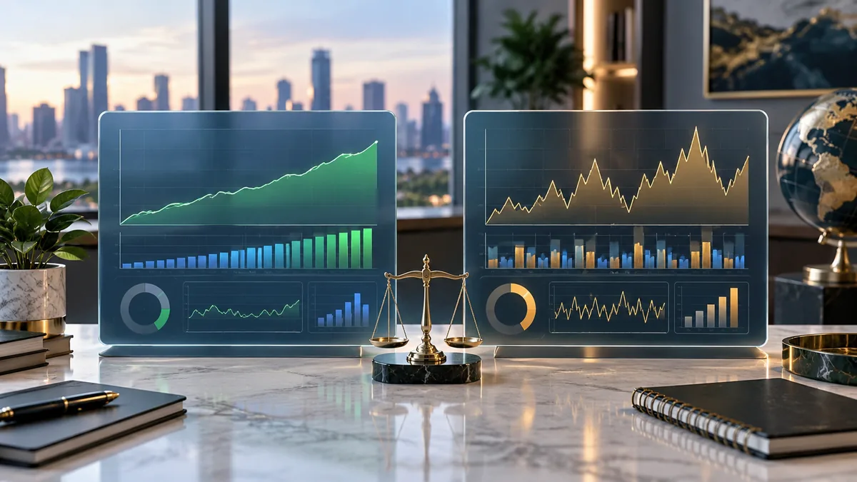 Risk adjusted investment comparison with two abstract portfolios volatility charts and return curves, no text, no characters, no logos