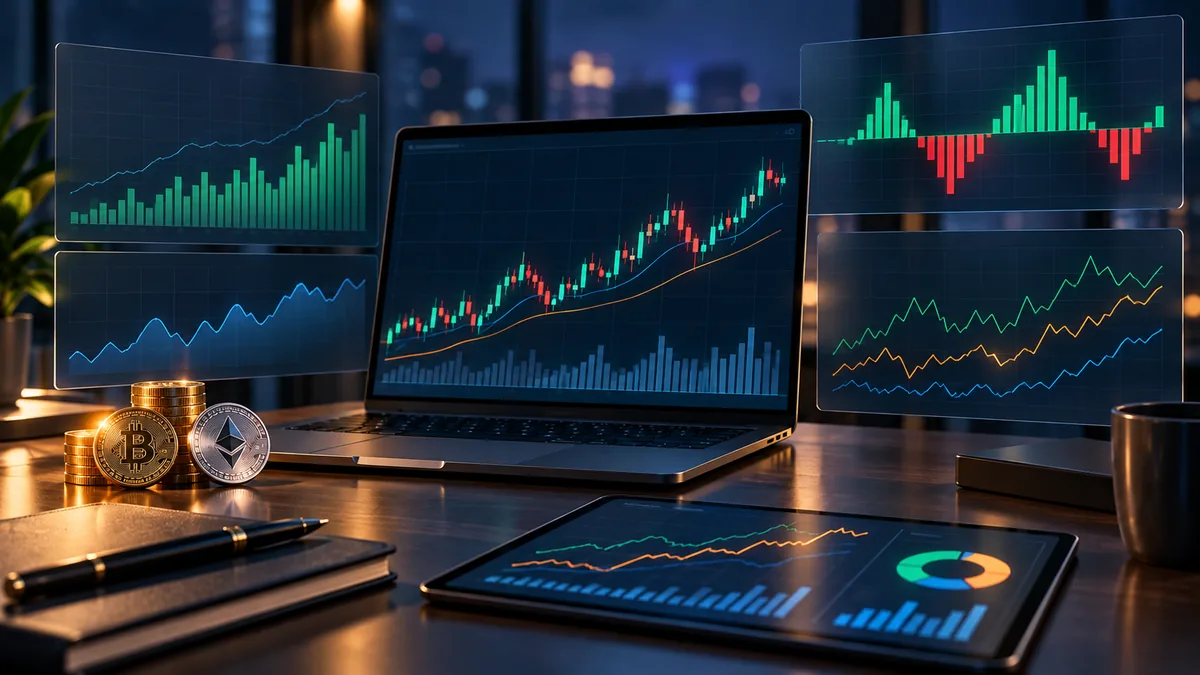 Abstract crypto futures analysis workspace showing price trend open interest and funding relationship, no text, no characters, no logos or copyrighted brands