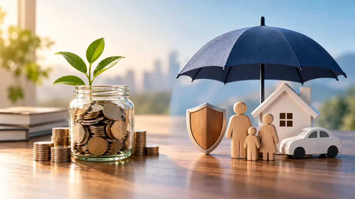 Financial risk protection concept with liquid emergency savings on one side and insurance protection on the other, no text, no characters, no logos or copyrighted brands
