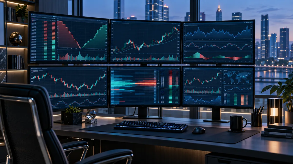 Financial trading workspace showing order book liquidity price levels and market volatility charts, no text, no characters, no logos or copyrighted brands