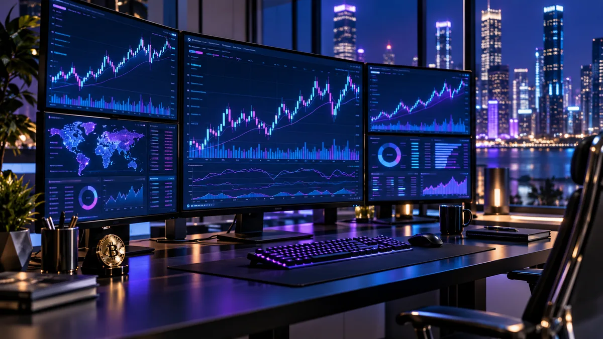 Photorealistic professional cryptocurrency trading desk with multiple monitors showing abstract digital asset market charts, glowing blue and purple financial data visualization, cinematic lighting, no readable text, no logos, no copyrighted characters