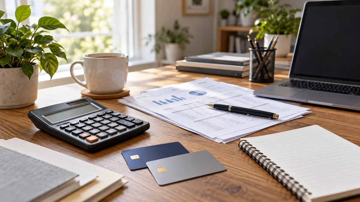 Photorealistic modern home office desk with calculator, blank credit cards, notebook and financial paperwork, natural daylight, professional personal finance atmosphere, no text, no logos, no copyrighted characters