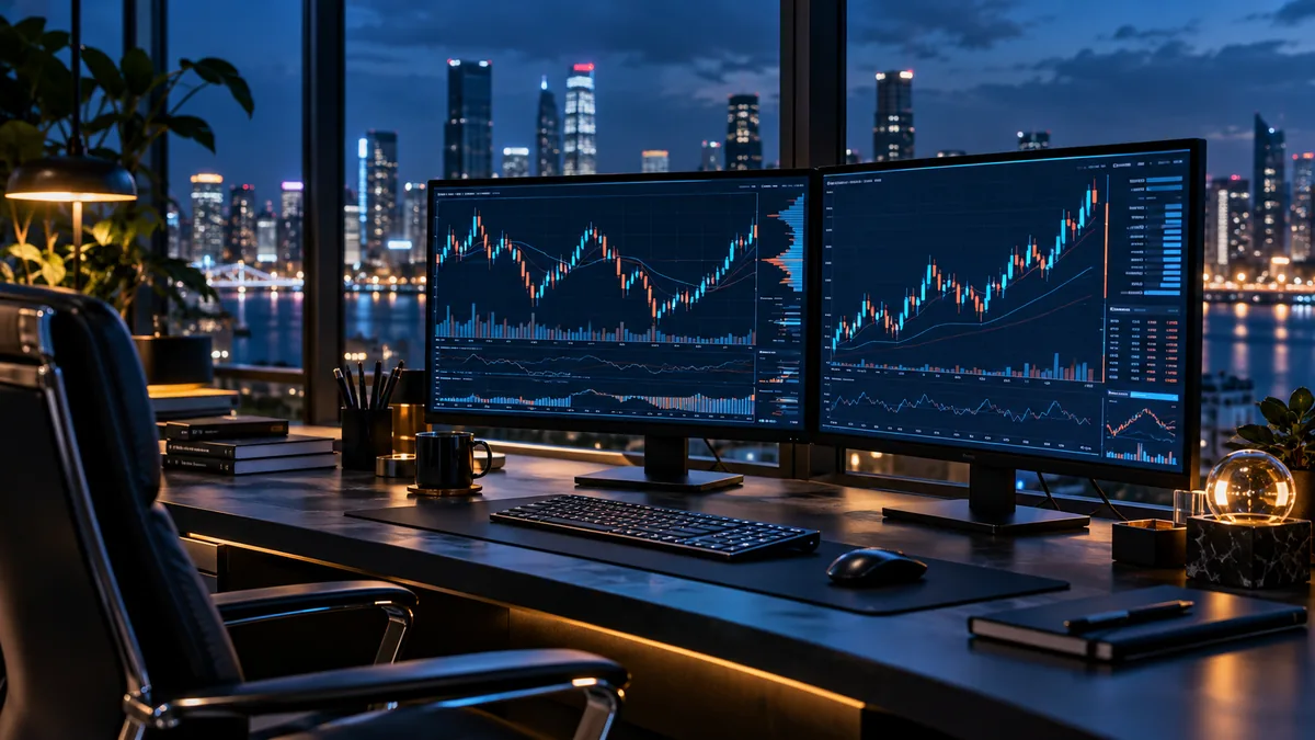Photorealistic modern trading desk with dual monitors displaying abstract financial market charts and glowing price movements, professional dark blue atmosphere, no readable text, no logos, no copyrighted characters
