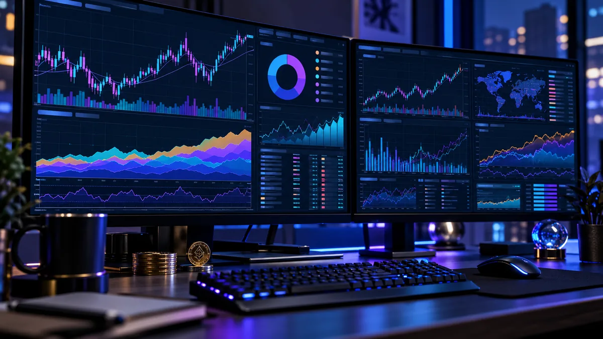 Photorealistic close-up of professional financial analyst workstation displaying abstract cryptocurrency market dominance charts, layered market capitalization graphs and glowing trading data, dark blue ambient lighting, no readable text, no logos, no copyrighted characters