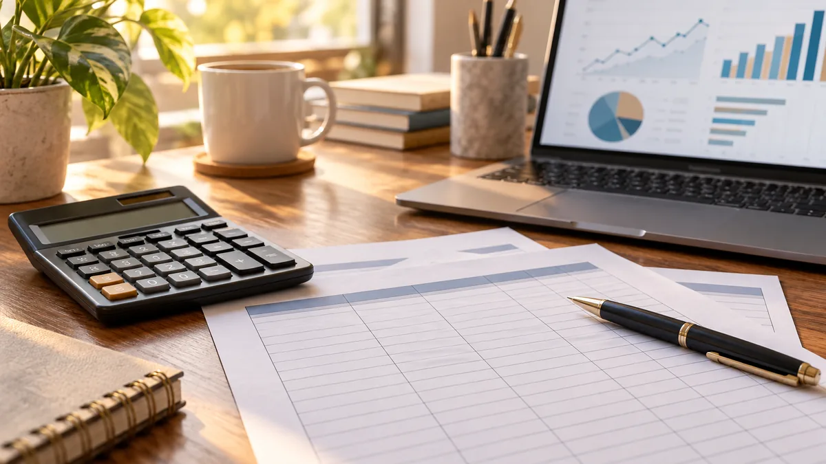 Photorealistic close-up of financial planning workspace with calculator, blank repayment schedule sheets, pen and laptop displaying abstract financial graphs, warm natural light, no readable text, no logos, no copyrighted characters