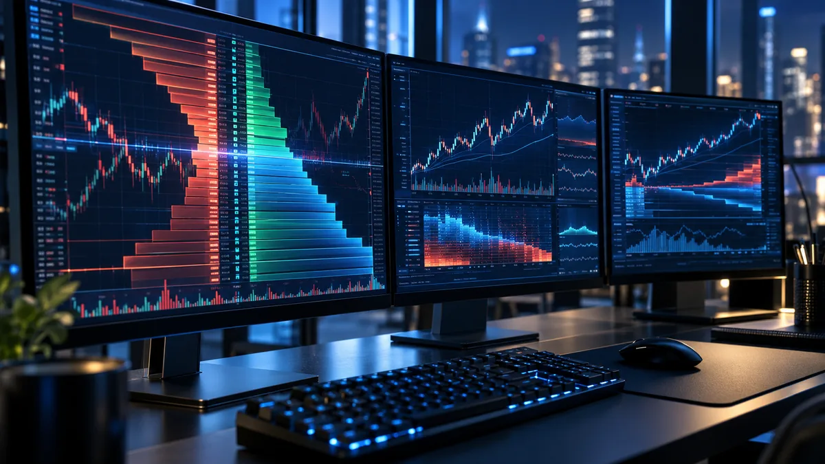 Photorealistic close-up of a professional financial analyst workstation with abstract trading order book visualization, layered market depth bars and subtle glowing financial graphs on monitors, cinematic blue lighting, no readable text, no logos, no copyrighted characters